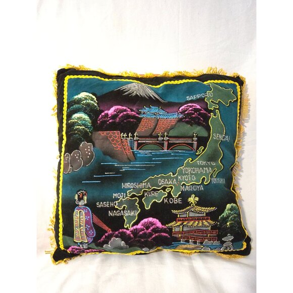 VTG Velvet Japanese Souvenir Pillow With Fringe Map Retro 70's Bohemian - Picture 3 of 9
